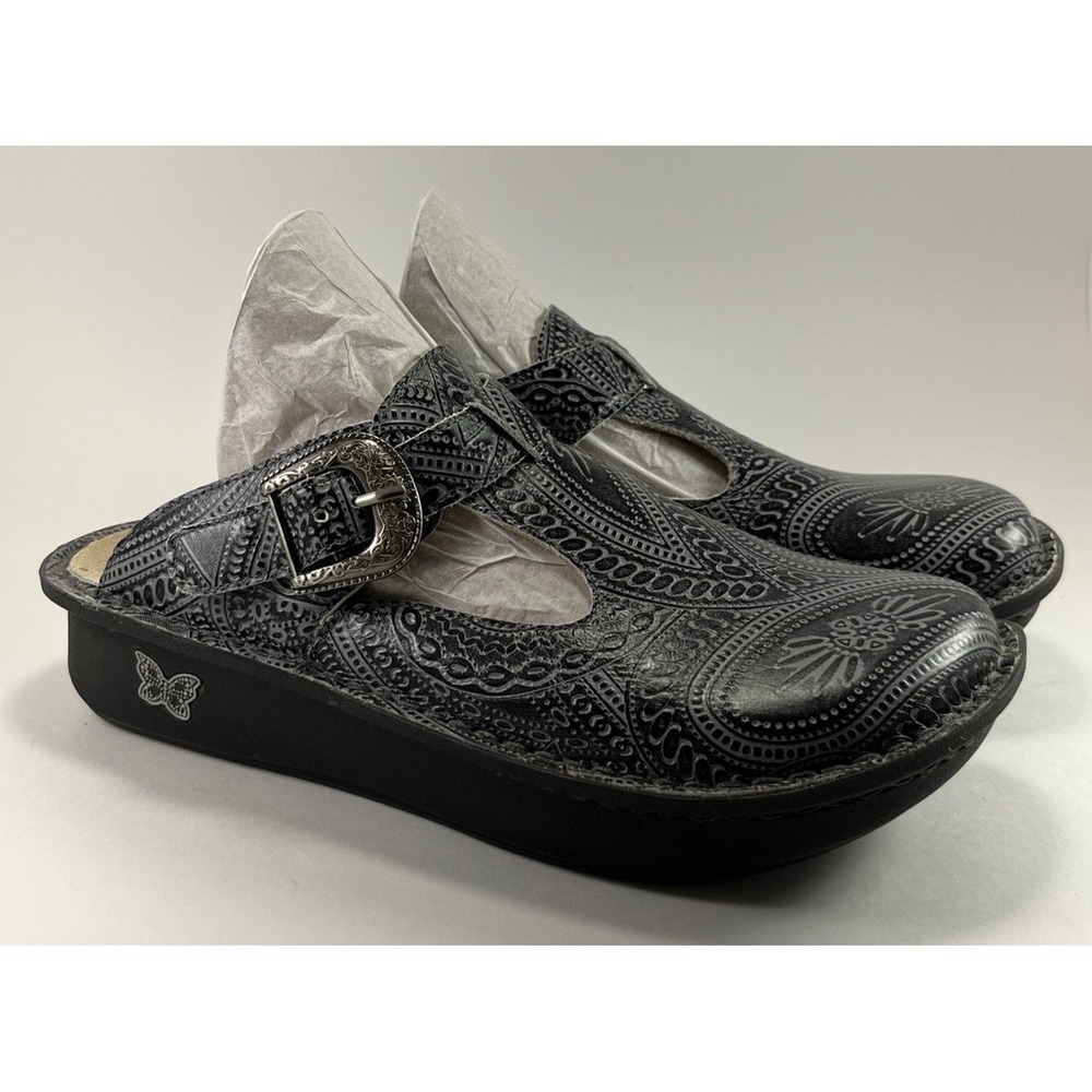 Alegria Black Embossed Leather Clogs with Silver Buckle size 39